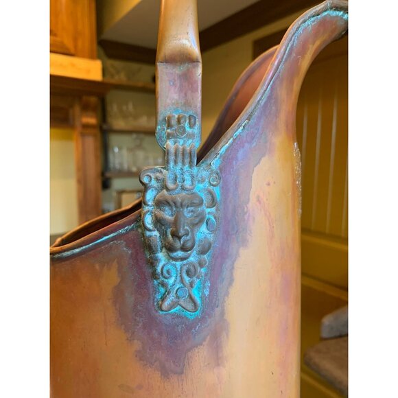 Vintage Copper Coal Scuttle With Porcelain Handle & Lion Head Decoration - Picture 2 of 9